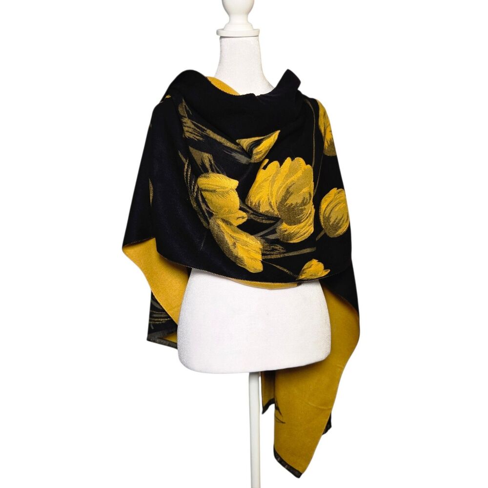 Bella Scarf Florence Italy Tulip Floral Wrap Shawl Blk Reversible Firenze Luxury